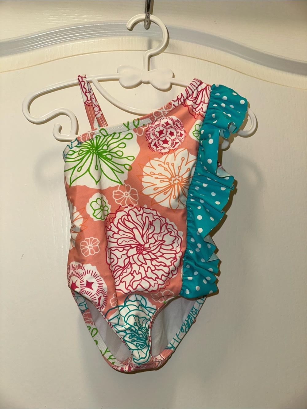 Ruffle Butts Coral Floral One-Shoulder Swimsuit with Teal Polka-Dot Ruffle